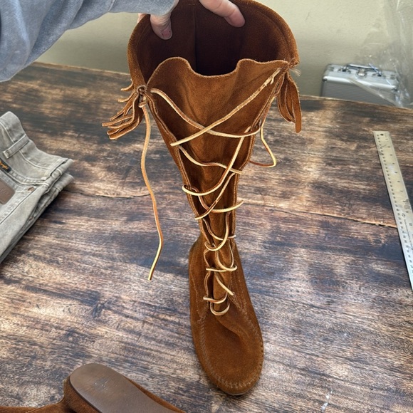 Minnetonka brown suede front leather lace up moccasin flat boots size 8 - Picture 8 of 16